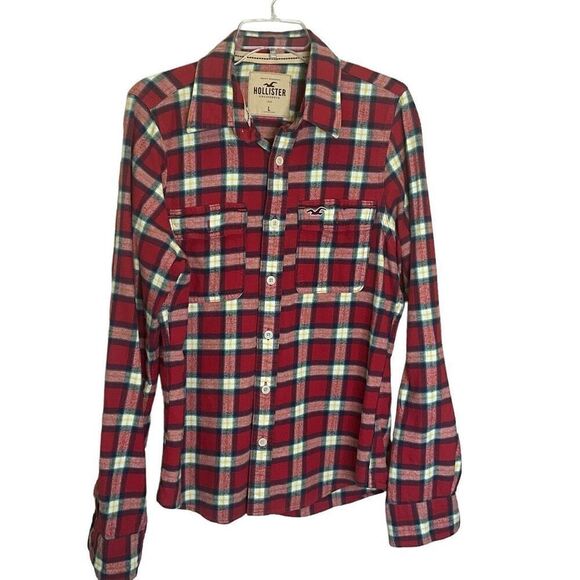 Hollister Mens Size Large Button Down Shirt Red Plaid Long Sleeves 100% Cotton - Picture 1 of 11